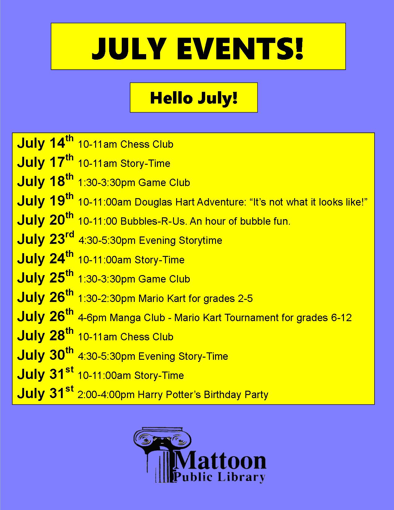July Events flyer Mattoon Public Library